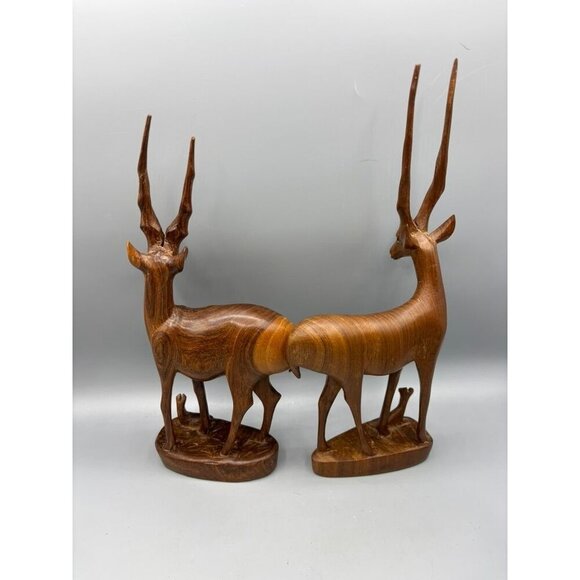 Vtg 2 Pc Hand Carved Wooden Antelope Figurines Set Babies Africa - Picture 9 of 10